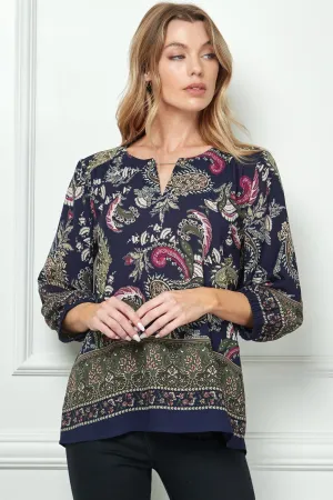 Navy Paisley 3/4 Sleeve Blouse