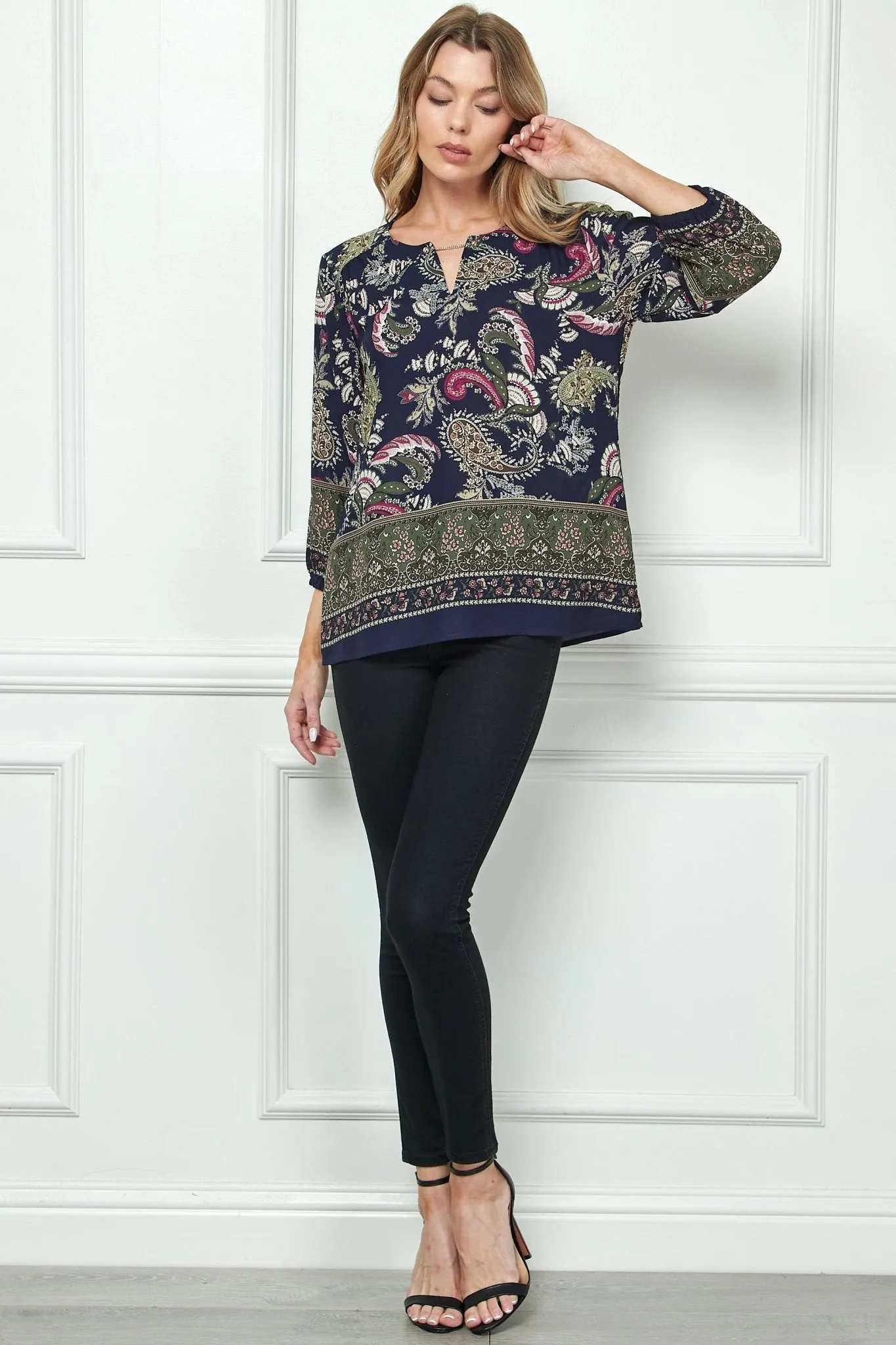 Navy Paisley 3/4 Sleeve Blouse