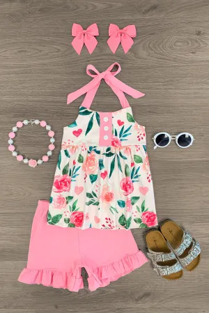 Pink Floral Halter Short Set