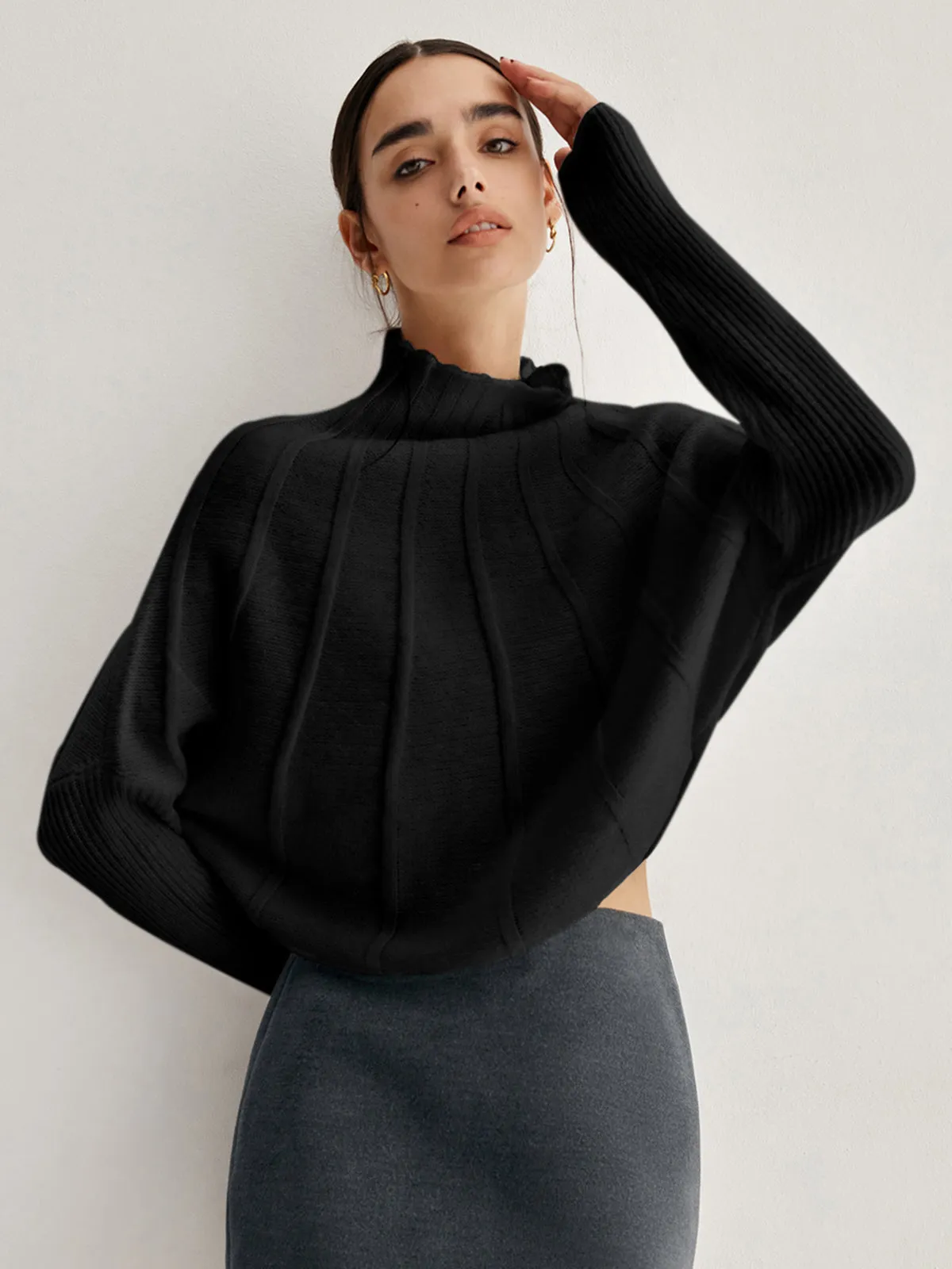 Piping Mock Neck Trendy Long Sleeve Knit Top