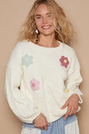 POL Chenille Knit Sweater with Multi Colored Flower Appliques in Powder Cream