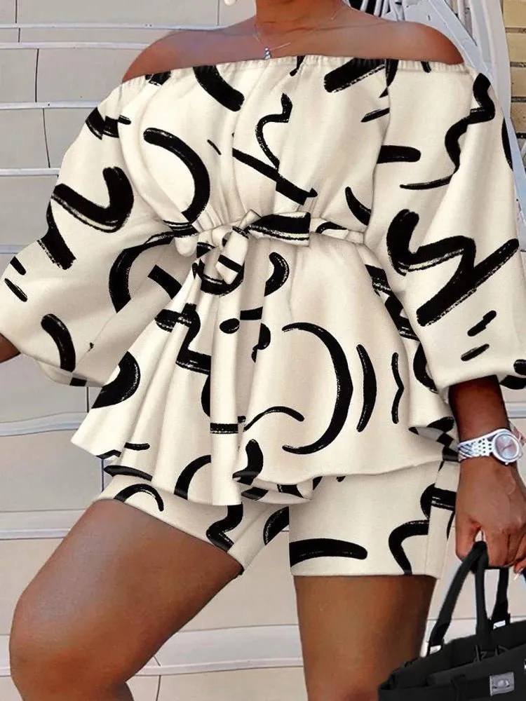 RQR Off Shoulder Peplum Top With Belt & Shorts
