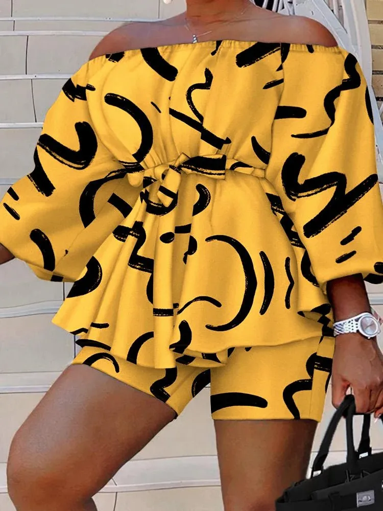 RQR Off Shoulder Peplum Top With Belt & Shorts