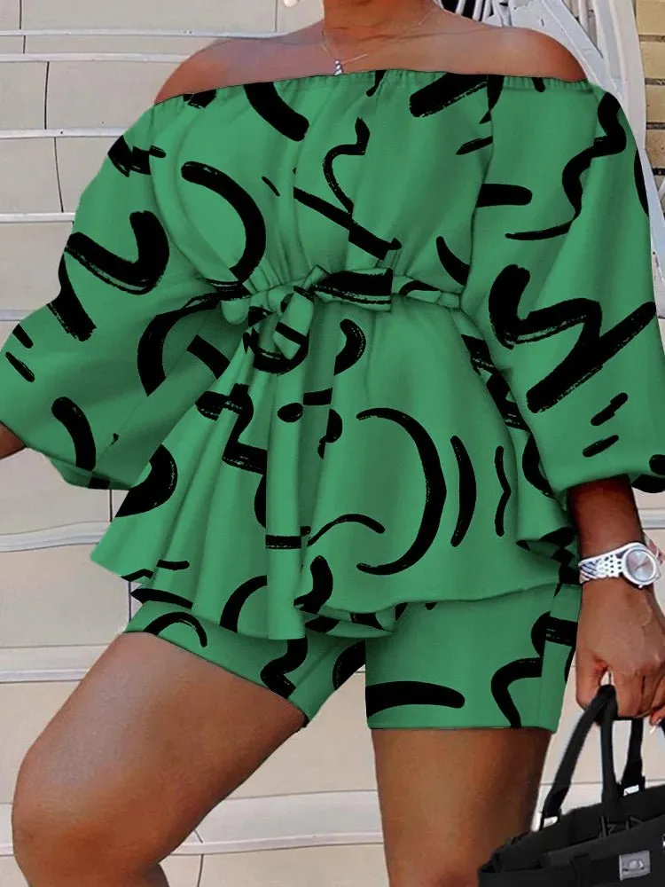 RQR Off Shoulder Peplum Top With Belt & Shorts