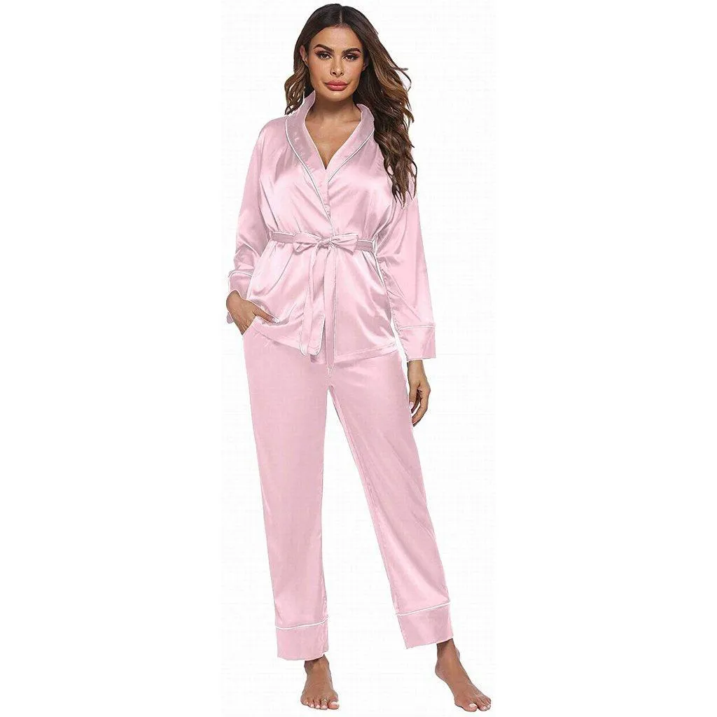 Silk Pajamas Long Sleeve Top with Belt 2 Piece for Women silk pajamas nightwear