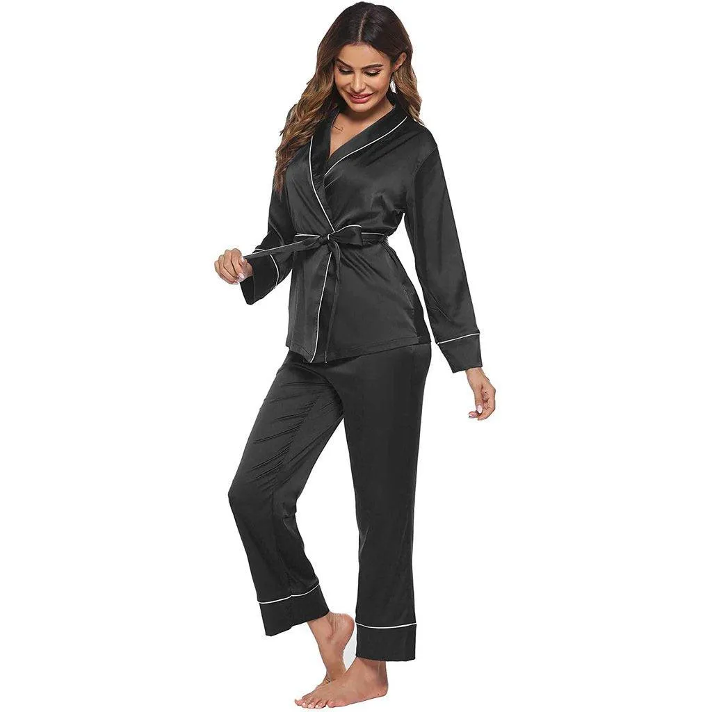 Silk Pajamas Long Sleeve Top with Belt 2 Piece for Women silk pajamas nightwear