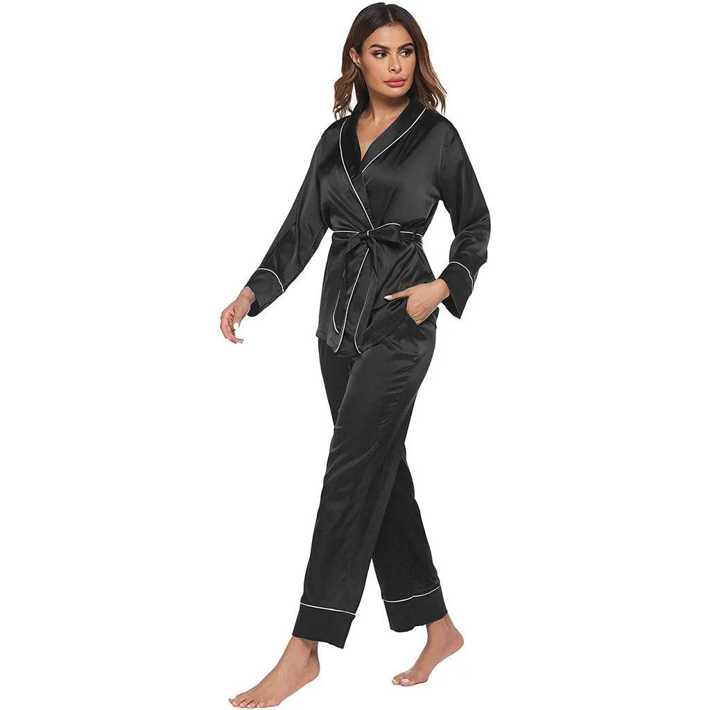Silk Pajamas Long Sleeve Top with Belt 2 Piece for Women silk pajamas nightwear