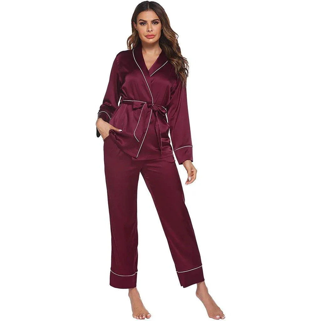 Silk Pajamas Long Sleeve Top with Belt 2 Piece for Women silk pajamas nightwear