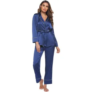 Silk Pajamas Long Sleeve Top with Belt 2 Piece for Women silk pajamas nightwear