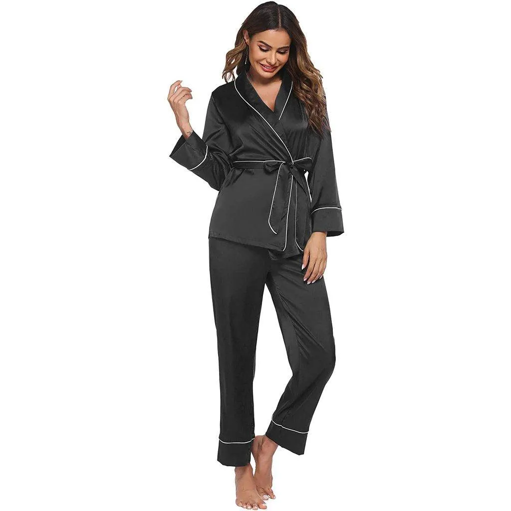 Silk Pajamas Long Sleeve Top with Belt 2 Piece for Women silk pajamas nightwear