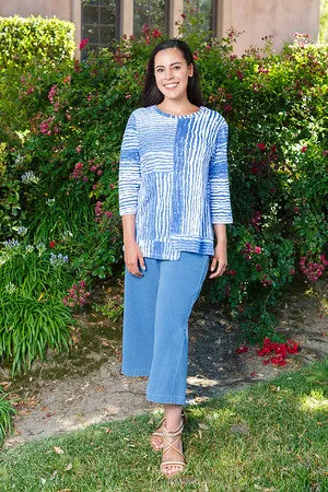 Top - Pullover Cotton Slub Jersey - 3/4 Sleeve - White / MoonLight -Womens - 24309