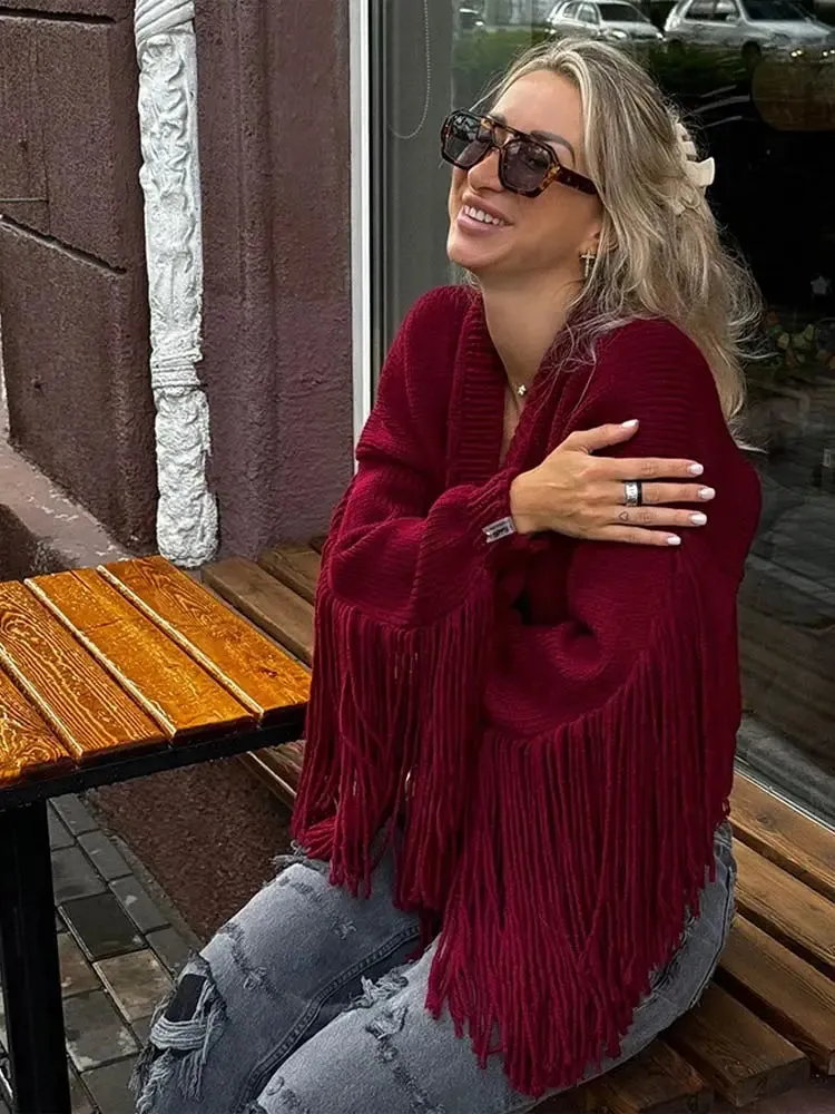 Wenkouban-Christmas Thanksgiving outfits_Fashion Tassels Patchwork Wine Red Knitted Cardigan Christmas Sweater