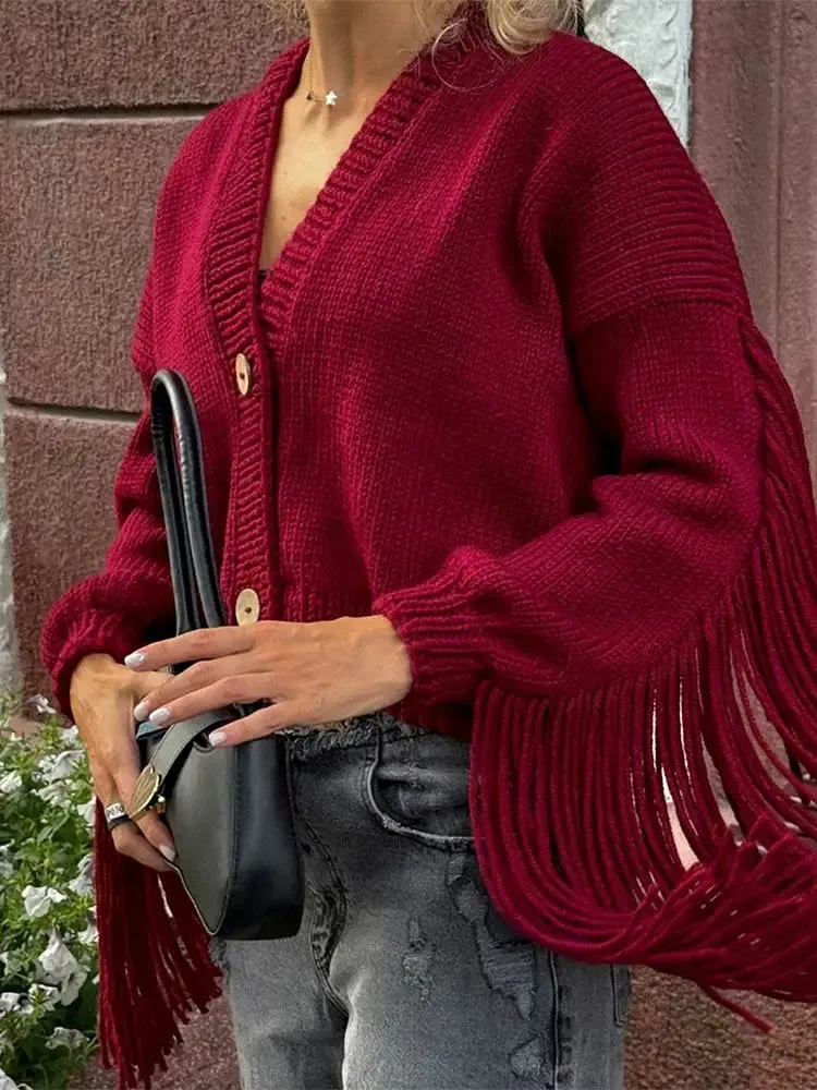 Wenkouban-Christmas Thanksgiving outfits_Fashion Tassels Patchwork Wine Red Knitted Cardigan Christmas Sweater