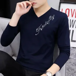 Wiaofellas  -  Fashion V-Neck All-match Diamonds T-Shirt Men's Clothing Autumn New Oversized Casual Pullovers Tops Loose Korean Tee Shirt