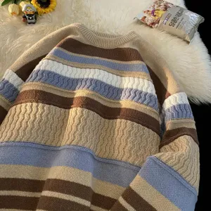 WIAOFELLAS Harajuku Knitted Sweaters Men Oversized Striped Knitwear Streetwear Vintage Jumpers Preppy Korean Casual Pullovers New A72