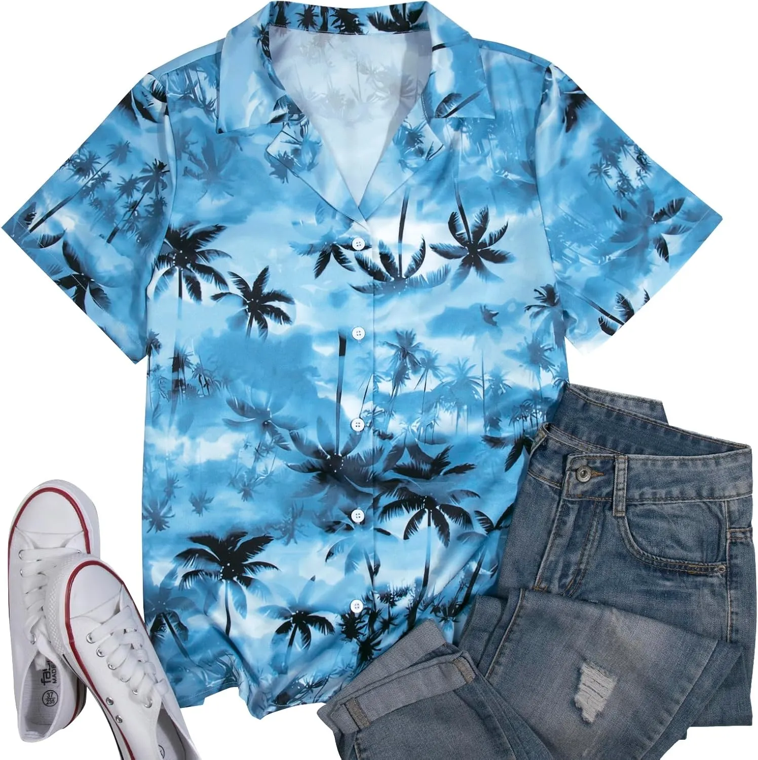 Women Hawaiian Shirt Soft Cool Summer Hawaii Tshirts Beach Tropic Print V Neck Button up Tops Floral Short Sleeve Tops