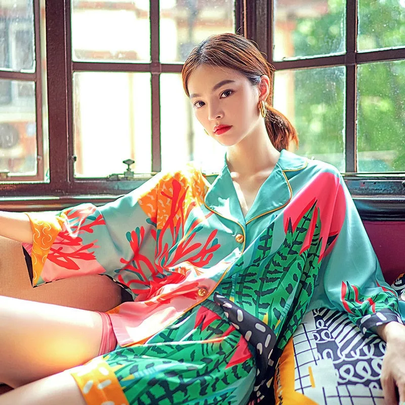 Women's Pajamas Sets 2 SETS Summer Luxury Cross Letter Print 2 IN 1 Sleepwear Silk Like Home Clothes XXL Size Nightwear