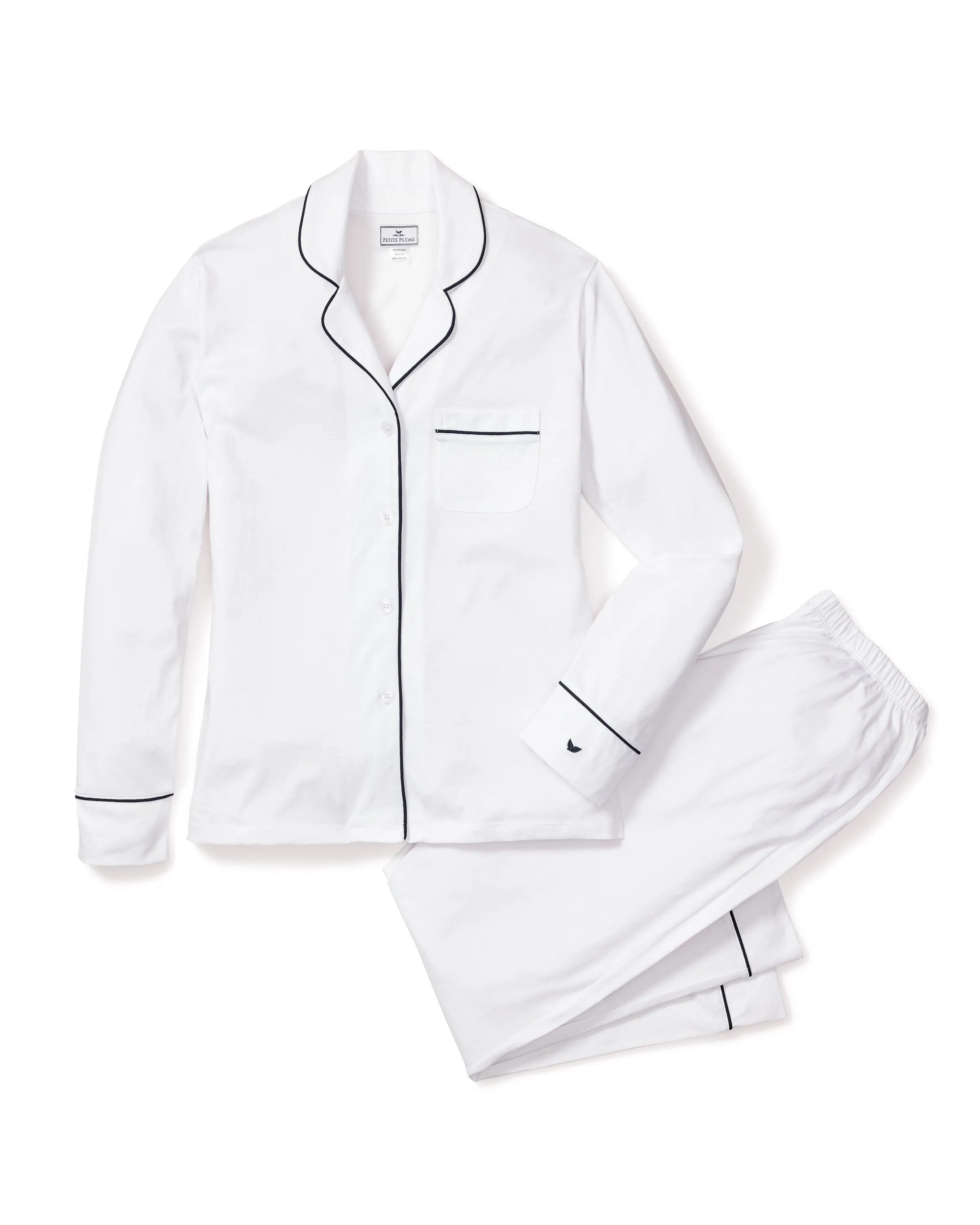 Women's Pima Pajama Set | White with Navy Piping